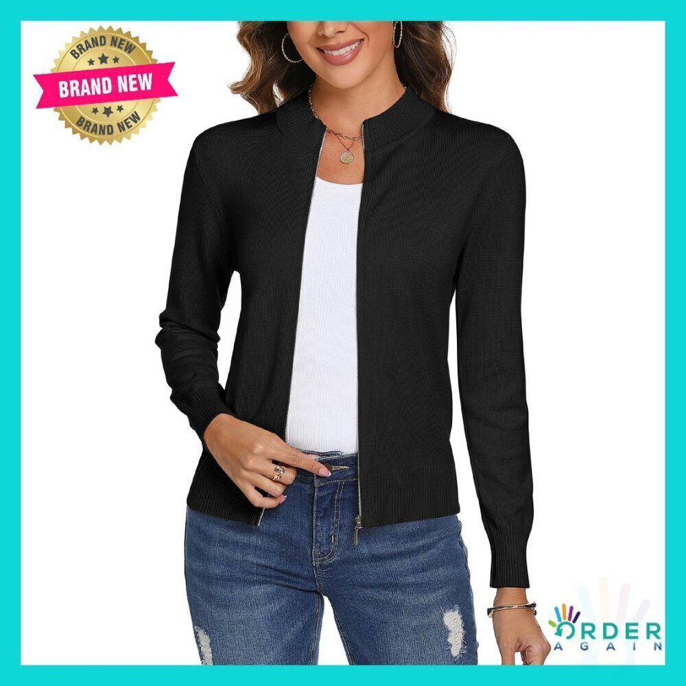 Long Sleeve Knitted Zip Up Sweater Cardigan Lightweight Casual Boyfriend Style